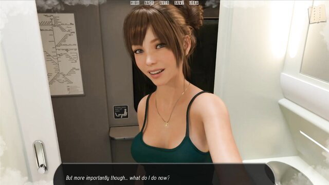 Woman in a green tank top in an elevator, smiling and looking at the camera